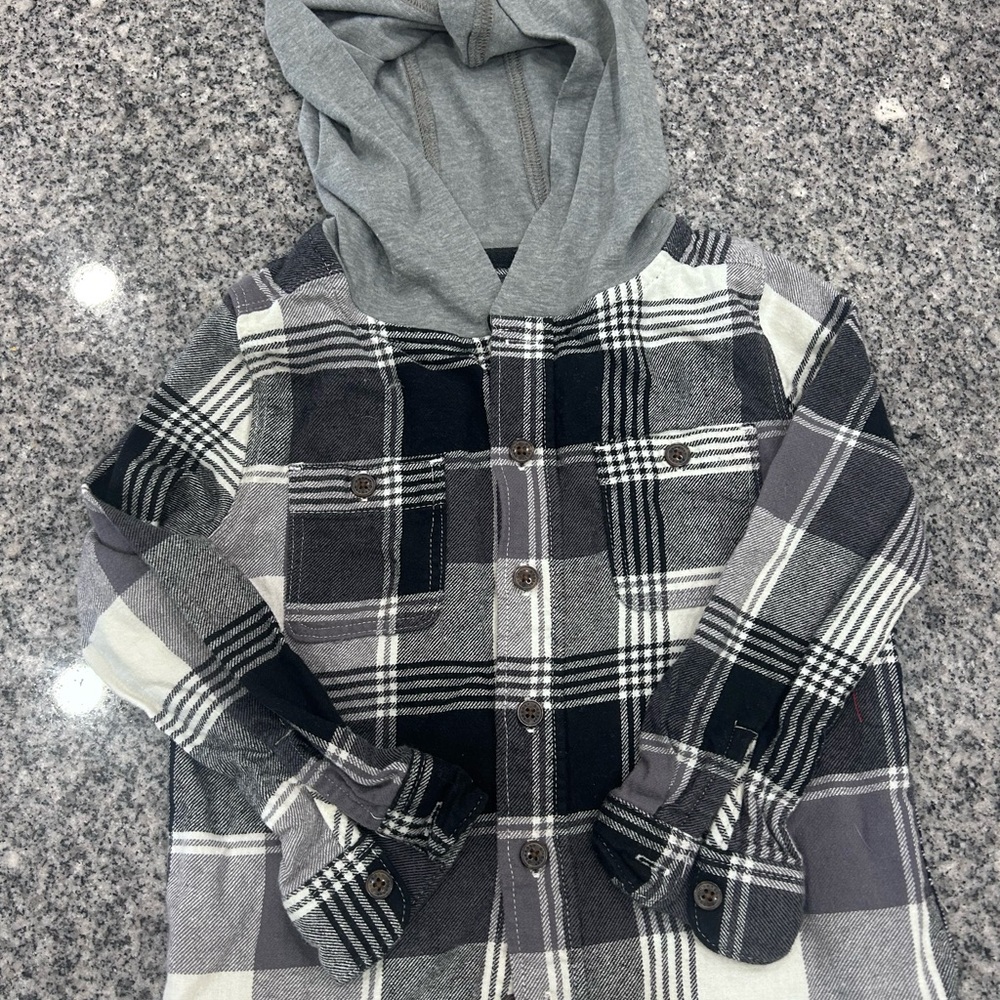 Kids Plaid Hooded Shirt - Gray and Black